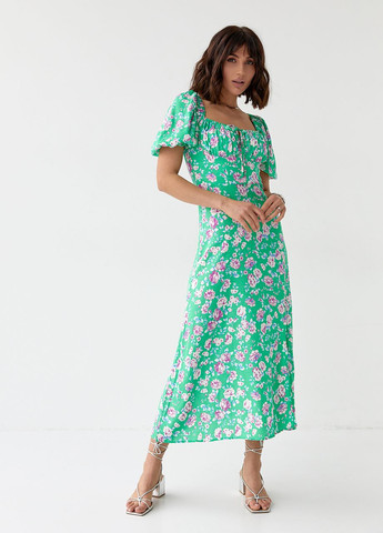 Зелена відвертий літня квіткова сукня міді з куліскою на грудях - зелений Lurex