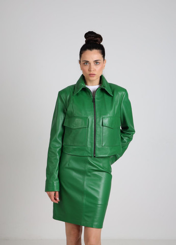 Зеленая демисезонная женский костюм из 100% натуральной кожи юбка и куртка зеленый Actors
