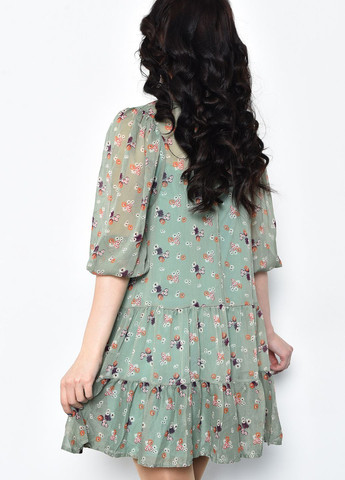 Оливковое кэжуал платье женское шифоновое оливкового цвета в цветочек баллон Let's Shop с цветочным принтом