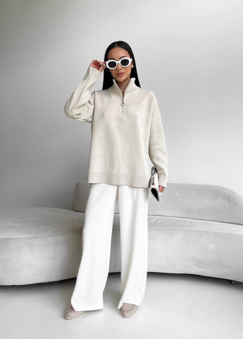 Жіночий светр із блискавкою із жаккардової в'язки колір світло бежевий р.42/46 441549 New Trend (263134212)