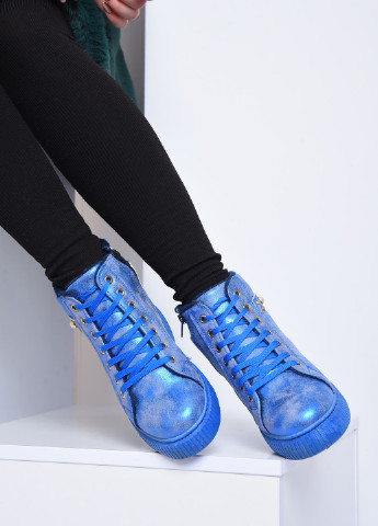 Синие женские ботинки сникерсы на молнии со стразами