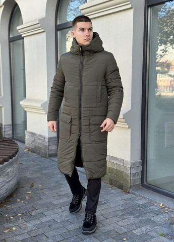 Оливкова (хакі) зимня дуже тепла двошарова довга куртка Vakko