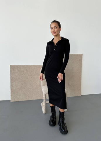 Черное кэжуал теплое платье на флисе в рубчик Vakko однотонное