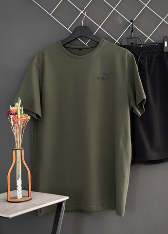 Оливковый (хаки) летний шорти puma чорний лого + футболка puma хакі Vakko