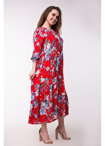 Красное повседневный платье d65s-6 клеш Bon Voyage с цветочным принтом