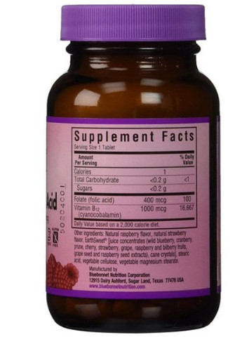 Earth Sweet Chewables Vitamin B12 & Folic Acid 180 Chewable Tabs Raspberry Bluebonnet Nutrition (256720886)
