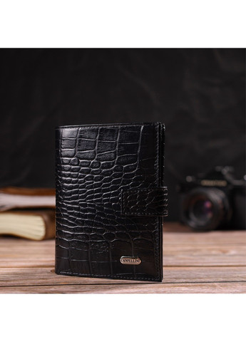 Стильний вертикальний чоловічий гаманець середнього розміру з натуральної шкіри 21736 Чорний Canpellini (259873944)