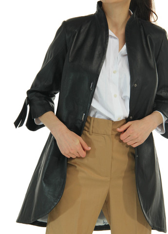 Чорна демісезонна жіноча шкіряна куртка з натуральної шкіри класична приталена подовжена весна літо осінь демісезон 850 чорна Actors