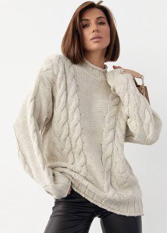 Бежевый зимний вязаный свитер с косами oversize - бежевый Lurex