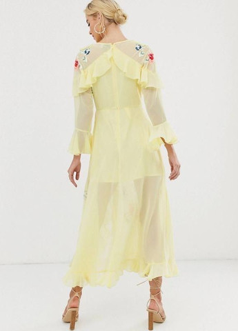 Желтое платье макси с запахом и вышивкой design Asos с цветочным принтом