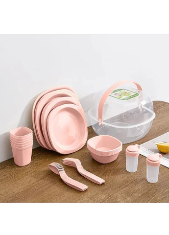 Набір пластикового посуду приладів харчовий пластик для пікніка походу на 6 персон 48 предметів (474448-Prob) Рожевий Unbranded (258474417)