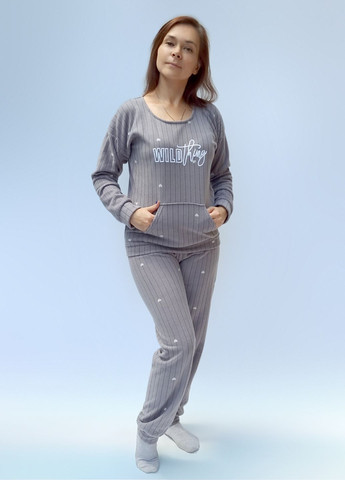 Серая зимняя флисовая женская пижама в рубчик свитшот + брюки Pijamoni