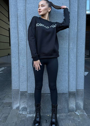Батник женский на флисе черного цвета с надписью Let's Shop - Прямой крой надпись черный спортивный полиэстер - (271813320)