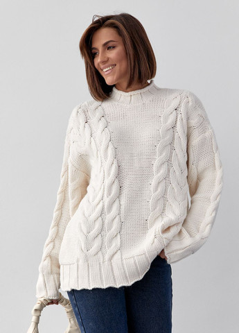Бежевый зимний вязаный свитер с косами oversize - кремовый Lurex