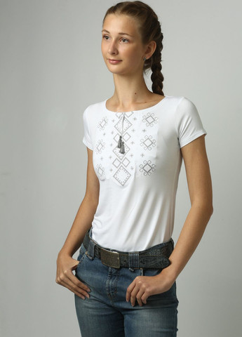 Женская вышитая футболка белого цвета с серой вышивкой "Карпатский орнамент" Melanika (277160411)