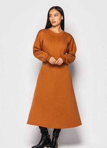 Оранжевое кэжуал теплое платье-миди с цельнокроеными рукавами а-силуэт MORANDI однотонное