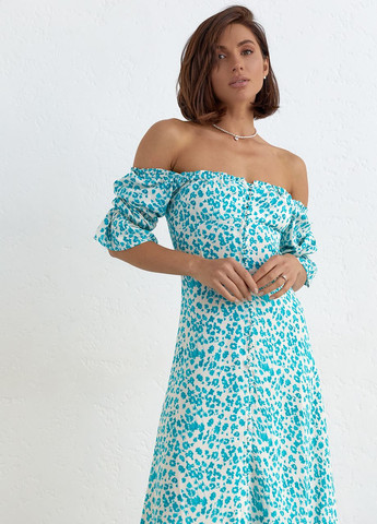Бирюзовое откровенный летнее платье на пуговицах и с открытыми плечами - бирюзовый Lurex