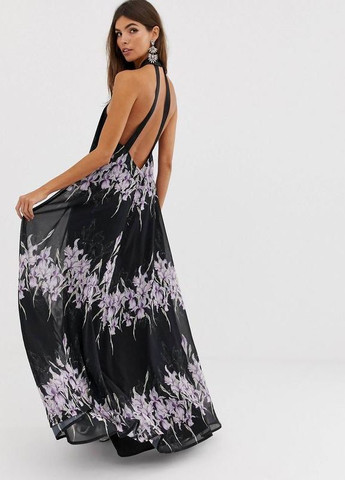 Черное праздничный, вечернее платье макси с трапециевидным вырезом и завязками на шее design Asos с цветочным принтом