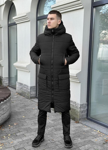 Чорна зимня дуже тепла двошарова довга куртка Vakko