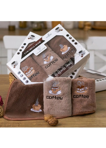 Unbranded подарунковий набір комплект кухонних прямокутних рушників 3 шт мікрофібра 25х50 см (475232-prob) кава малюнок коричневий виробництво -