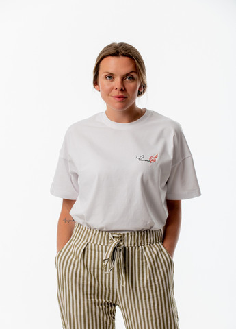 Біла жіноча футболка оверсайз з вишивкою "вільна" з коротким рукавом VINCA