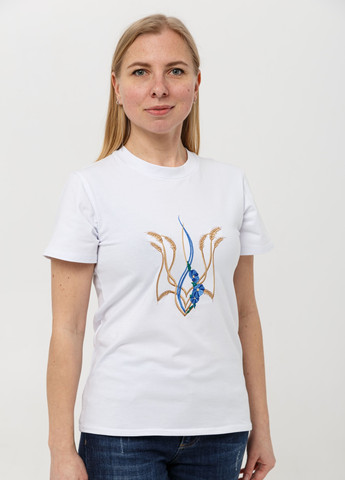 Белая всесезон женская футболка с вишивкою "тризуб " белая с коротким рукавом Мальви