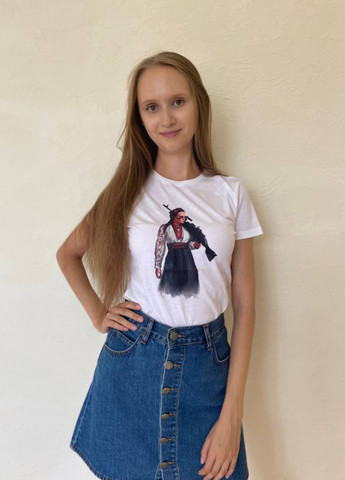 Бежевая летняя женская белая патриотическая футболка "чернобаевка" с коротким рукавом No Brand