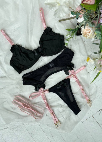 Чорний сексуальний комплект жіночої білизни з поясом і гартерами Simply sexy