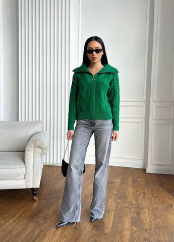 Зелений женский свитер с v-образнм воротником и молнией цвет зеленй р.42/46 445973 New Trend