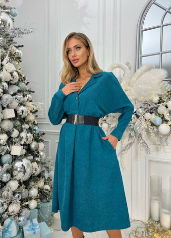 Синее женское платье из вельвета с поясом цвет морволна р.42/48 448258 New Trend