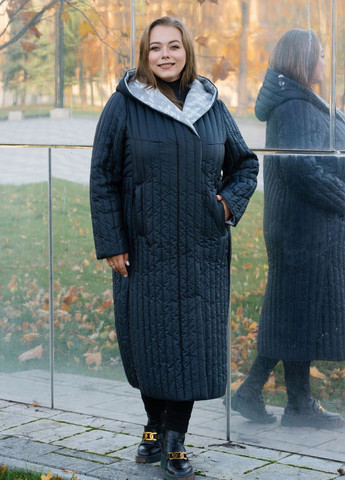 Синее Длинное женское пальто с капюшоном DIMODA