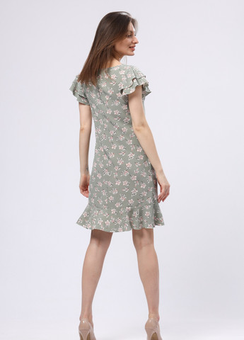 Оливкова повсякденний легка світло-оливкова сукня міні з воланами 5734 Cat Orange з квітковим принтом