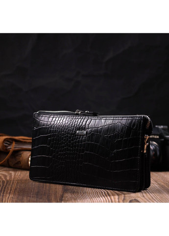 Клатч чоловічий на два відділення з натуральної шкіри з тисненням під крокодила 22044 Чорний Bond (262157994)
