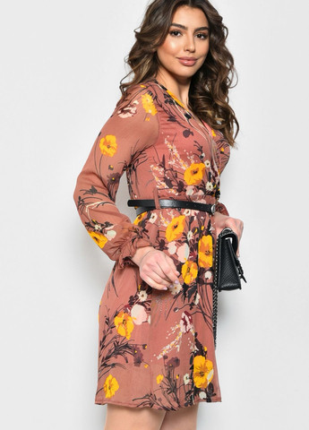 Терракотовое кэжуал платье женское шифоновое терракотового цвета с цветочными узорами баллон Let's Shop с цветочным принтом