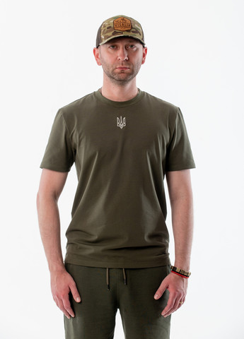 Хаки (оливковая) мужская футболка с вышивкой "классический тризуб" с коротким рукавом VINCA