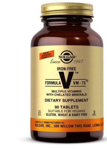 Formula V VM-75 Multiple Vitamins with Chelated Minerals Iron Free 90 Tabs Solgar (256725113)