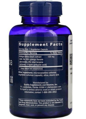 Ginkgo Biloba Certified Extract 120 mg 365 Veg Caps Life Extension (256720349)