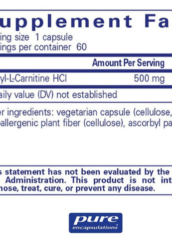 Acetyl-L-Carnitine 500 mg 60 Caps PE-00007 Pure Encapsulations (256720112)