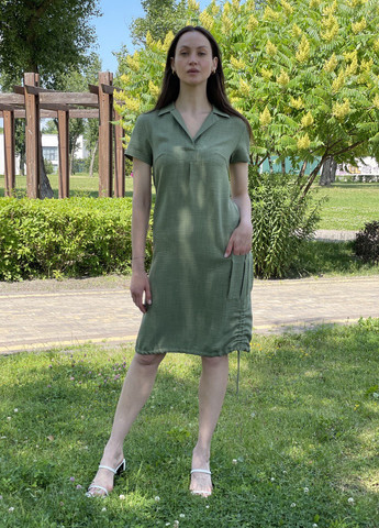 Оливковое (хаки) кэжуал платье-рубашка цвета хаки с боковой сборкой 5739 Cat Orange