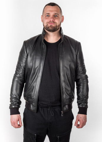 Чоловіча класична натуральна преферована шкіряна куртка весна літо осінь демісезон бомбер на резинці PERFORE чорний Actors (258079717)
