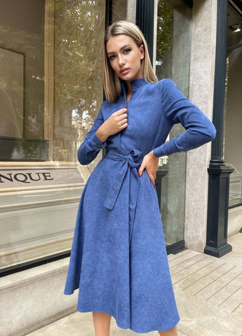 Синя жіноча сукня з вельвету з поясом New Trend