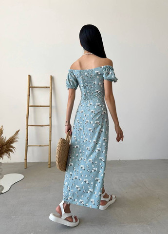 Оливковое женское летнее платье миди цвет оливковый принт цветок р.42 438586 New Trend