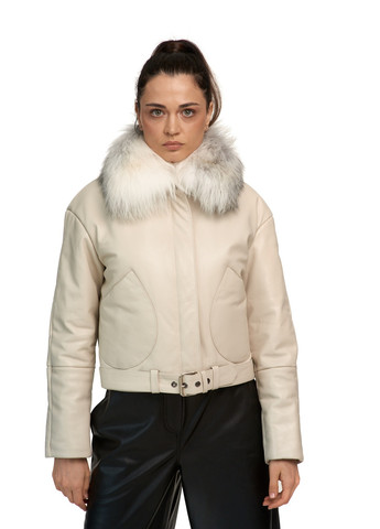 Молочна демісезонна пуховик куртка оверсайз oversize натуральна шкіра з натуральним зйомним хутром silver fox. весна осінь зима fb-2 2xl молочна Actors