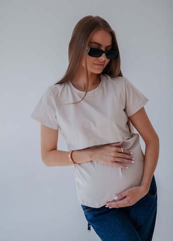 Світло-бежева всесезон футболка для вагітних з секретом для годування HN