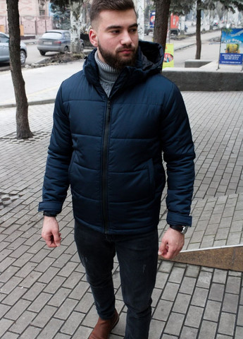 Темно-синяя зимняя утепленная куртка со съемным капюшоном Vakko