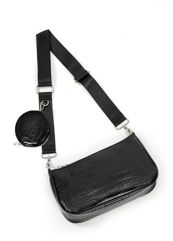 Женская классическая сумочка багет с кошельком рептилия T-132 черная No Brand (259248593)