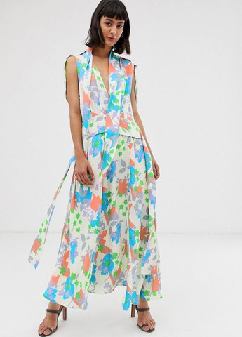 Комбинированное современное макси платье с глубоким вырезом и принтом design Asos с цветочным принтом