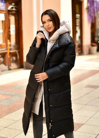 Черное зимнее Женское длинное пальто черное c молочным 89942 трансформер Svidni
