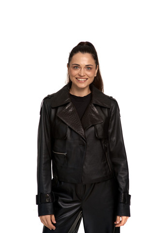 Чорна демісезонна жіноча шкіряна куртка косуха з вставками з пітону тренч trenchcoat натуральна шкіра. весна осінь демісезон fer fz-15 чорна Actors