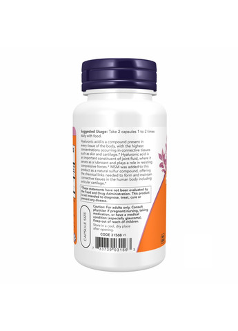 Гиалуроновая Кислота с МСМ Hyaluronic Acid 50мг – 60 вег.капсул Now Foods (276397231)